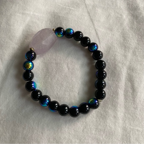 Handmade Jewelry - Black and Iridescent Beaded Bracelet Handmade Stretchy Crystal Pink Rose Quartz